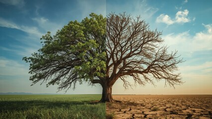 Tree standing with two contrasting halves