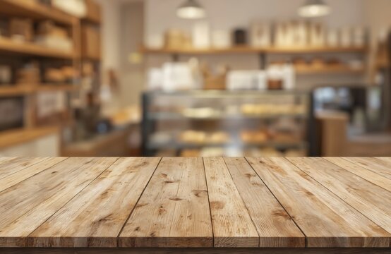 Rustic wooden table surface with natural wood grain texture. Blurred bakery interior with baked goods in display cases provides a warm backdrop for product placement.