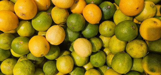 Fresh yellow lemons and green limes piled together, showing natural colors and texture. Ideal for food, health, or nature themes. lemons, limes;