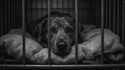 A sad dog in a cage in black and white theme