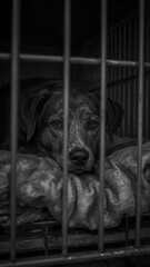 A sad dog in a cage in black and white theme