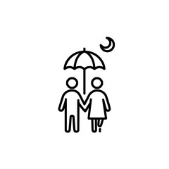 Couple holding hands under an umbrella with a crescent moon in the night sky line drawing design