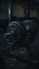 Close-up of a heavy dumbbell resting on an individual rack in a dirty gym