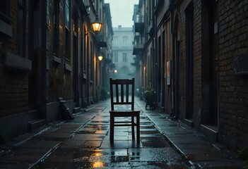 Fototapeta premium A solitary chair sits in a narrow city alleyway, the rain reflecting in the wet pavement and creating a moody, atmospheric scene. 