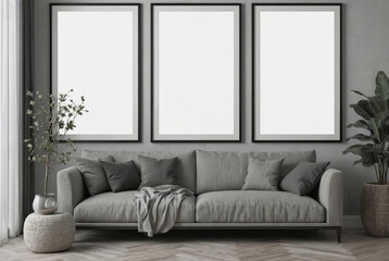 Modern living room interior featuring grey sofa with cushions, throw. Three large blank black frames hang above sofa on textured grey wall. Large plant in wicker pot sits to right, with sheer