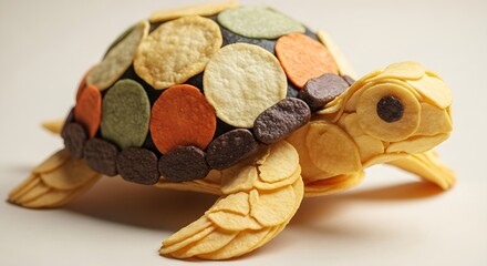 Edible Artistry A Turtle Sculpture with a Colorful Mosaic Shell Made of Crisps.