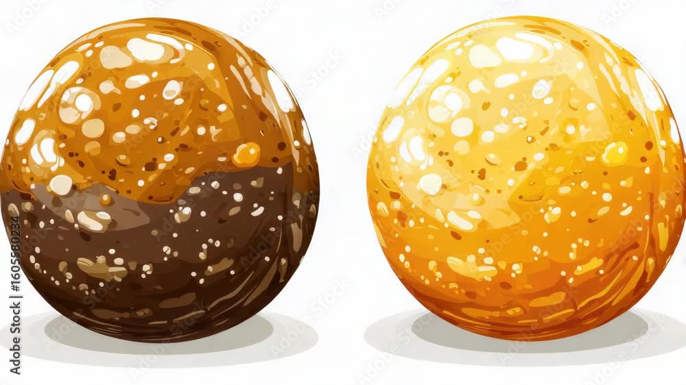 Poster three distinct types of dessert balls, each with a unique texture and color to represent their diffe