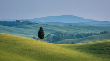 Landscape view with a single tree on a green hill