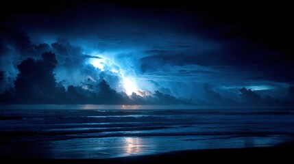 Lightning strikes over the sea