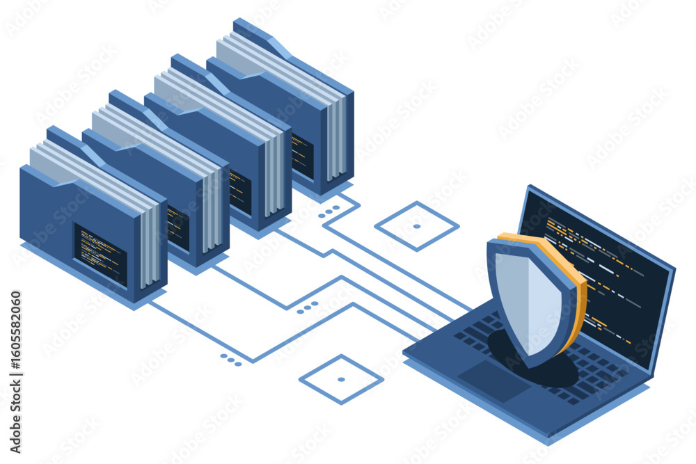 Poster isometric data protection with folder and laptop. folder security. safe documents and folder. cybers