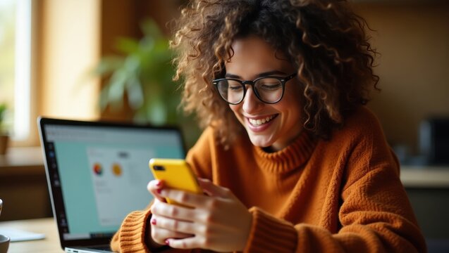 Woman with curly hair and glasses smiling while using a yellow smartphone next to a laptop computer