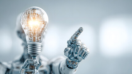 Closeup of Robotic Hand Holding Illuminated Light Bulb as Symbol of AI Innovation