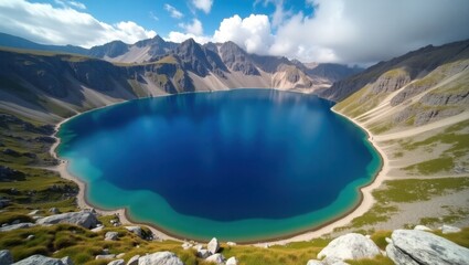 Aerial view of a vibrant blue crater lake surrounded by mountains and lush greenery on a sunny day