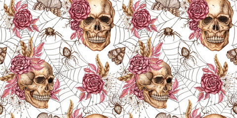 Human skull, burgundy roses, feathers, cobweb, spider and moth, seamless pattern. Watercolor illustration. Suitable for Halloween, dark prints, fabric, packaging, decor. Isolated from the background.