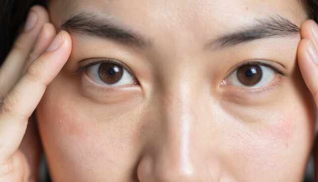 Close-up of Asian woman eyes showing dark circles, tired appearance, suggesting stress, sleep deprivation. Hands frame face, emphasizing visible signs of mental fatigue, anxiety. Image represents