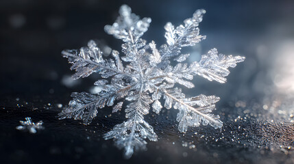 Macro Snowflake Resting on Frosted Surface with Soft Blur