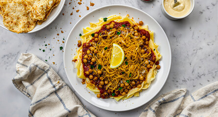 Flatlay photo of a traditional Middle Eastern dish with bread, tomatoes, and herbs, presented with warm tones and moody lighting.