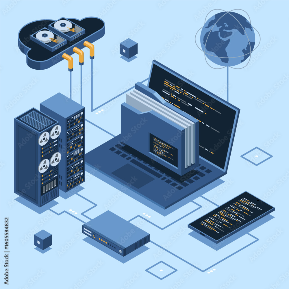 Poster isometric cloud authentication system with laptop. cloud technology computing concept. cloud databas