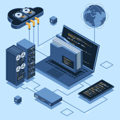 Isometric cloud authentication system with laptop. Cloud technology computing concept. Cloud database. Internet data services. Isometric technology