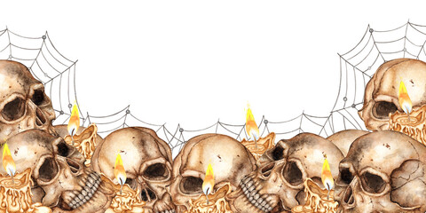 Human skulls, spider and candles bottom, rectangular frame. Watercolor gothic illustration. Suitable for Halloween, Day of the Dead, creepy prints, templates and cards. Isolated from background.