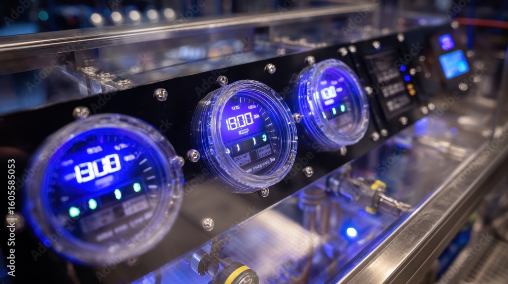 Poster illuminated control interface inside a spray booth with dials and screens displaying temperature and