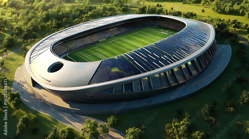 Poster aerial view of a modern stadium surrounded by trees on a sunny day showcasing its architecture