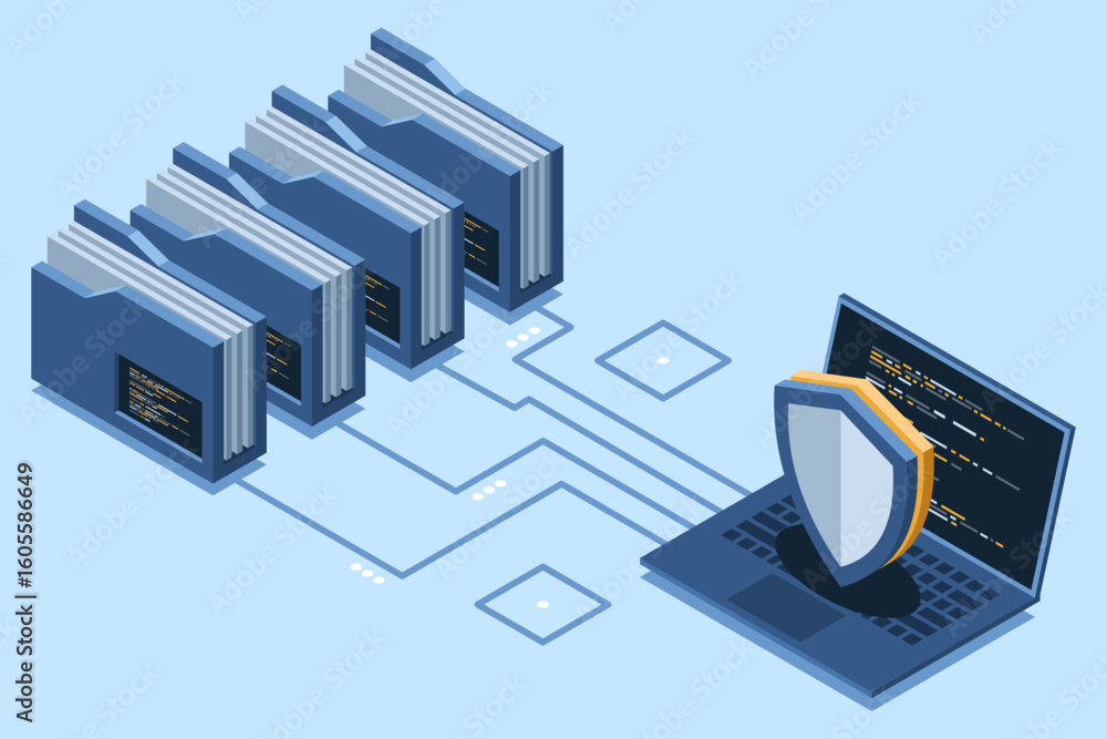 Poster isometric data protection with folder and laptop. folder security. safe documents and folder. cybers