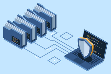 Isometric data protection with folder and laptop. Folder security. Safe documents and folder. Cybersecurity concept. Isometric technology