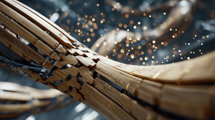 Intricate bamboo splice merging with wave attenuator element, highlighting parametric design's sophisticated functionality through golden particle enhanced aesthetic detail