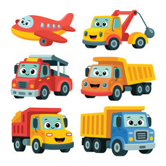 Collection of six colorful cartoon vehicles with happy faces