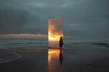 Mirror Surreal Portal on Ocean Beach Reflecting Starry Sunset