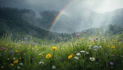 Enchanting meadow with vibrant wildflowers swaying in gentle rain. A faint rainbow arches through misty clouds over green hills. Peaceful spring landscape with blooming plants and soft raindrops.