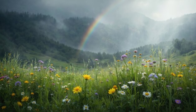 Enchanting meadow with vibrant wildflowers swaying in gentle rain. A faint rainbow arches through misty clouds over green hills. Peaceful spring landscape with blooming plants and soft raindrops.