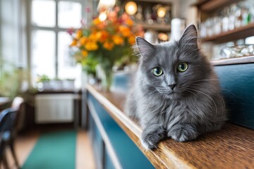 Gray cat serenely rests on a wooden bar counter in a cozy cafe, flowers in the background.
