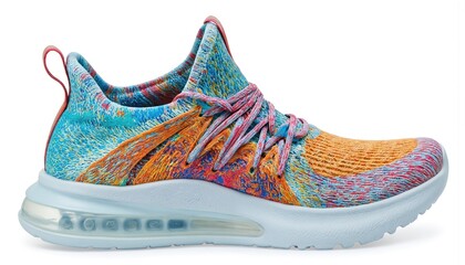 Colorful athletic shoe featuring vibrant blue orange, pink knit fabric with dynamic speckles. Sneaker white laces, light blue sole with air cushioning, rear pull tab for easy wear. Ideal for sports