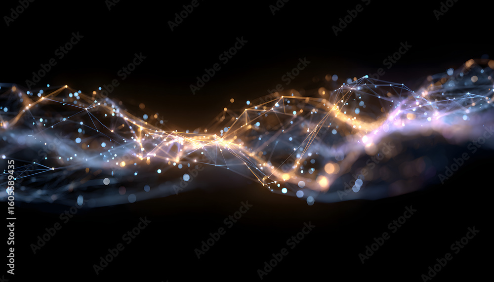Poster futuristic data visualization with glowing nodes, illustrating advanced technology and connectivity.