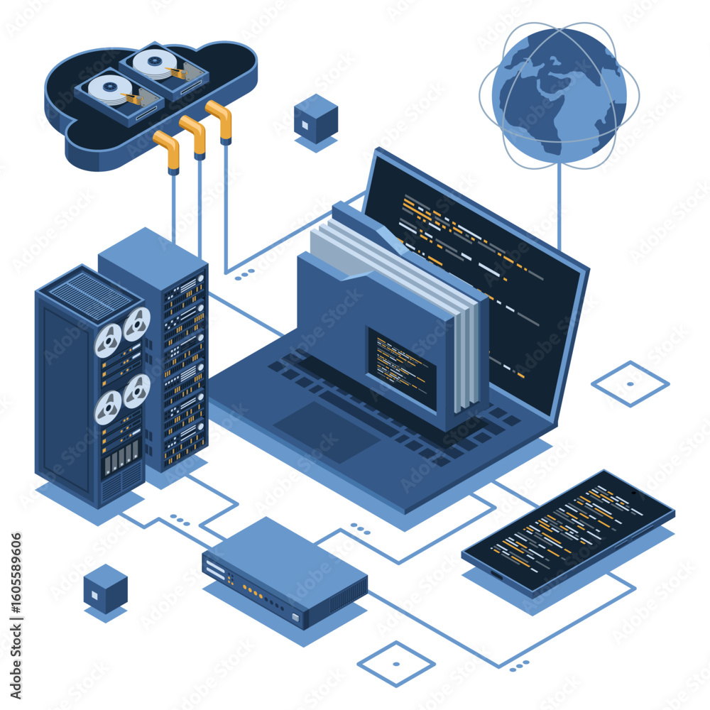 Poster isometric cloud authentication system with laptop. cloud technology computing concept. cloud databas