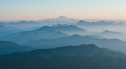 Blue Misty Mountain Range at Sunrise