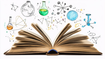 An open learning book displaying science and math concepts, isolated on a white background for clarity.
