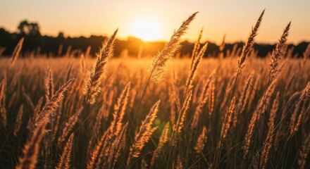 Obraz premium Golden Hour Sunset Over a Field of Tall Grass