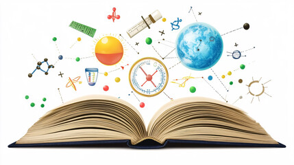 An open learning book displaying science and math concepts, isolated on a white background for clarity.