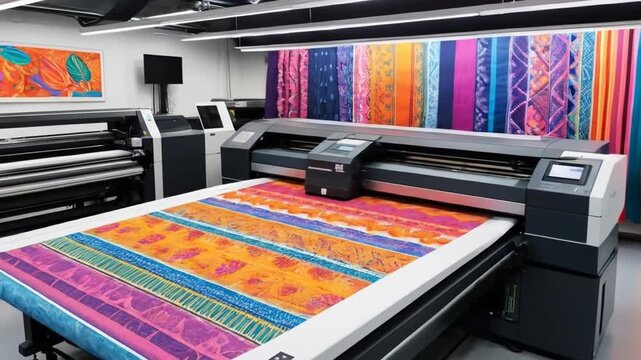 DTF textile printing setup with printer and colorful printed fabric, showcasing vibrant designs and technology. 4k video	
