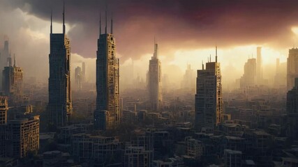 Abandoned futuristic city skyline with towering skyscrapers shrouded in smog and illuminated by a haunting sunset after a catastrophic event, capturing a dystopian vision of urban decay and silence. - Powered by Adobe