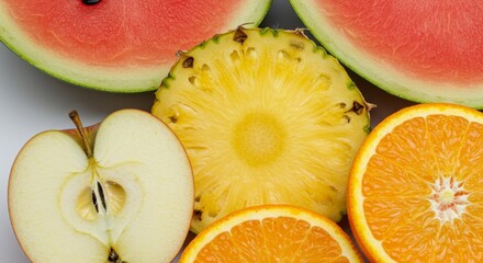 Vibrant Summer Fruits: Watermelon, Pineapple, Apple, and Orange Slices