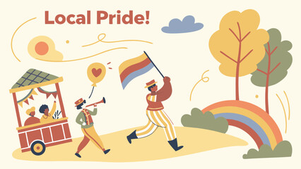 Fototapeta premium Joyful Local Community Parade Celebrating Pride with Colorful Flag and Music Illustration