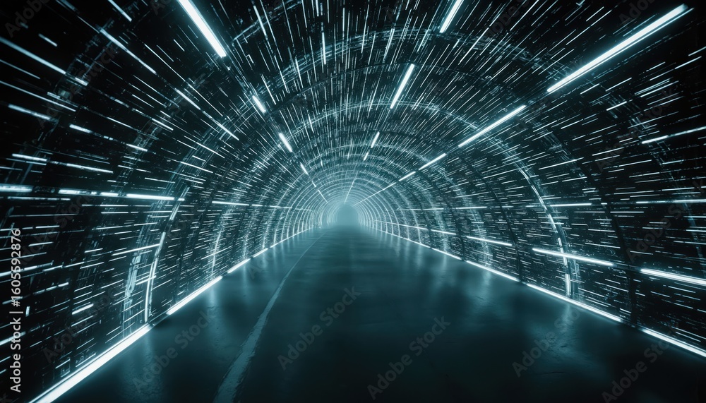 Poster abstract futuristic tunnel perspective with glowing blue light streaks, binary code patterns. endles