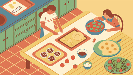 Mother and Child Cooking Together in Kitchen. Flat Design Illustration of Family Preparing Homemade Meal, Pizza, and Pasta.