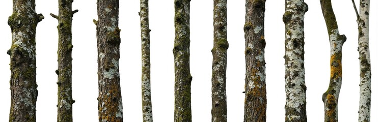 Fototapeta premium Collection of diverse tree trunks, isolated on white background. Tree stems overgrown with green moss, textured lichen, natural wood patterns. Bark details highlight rough textures, creating organic