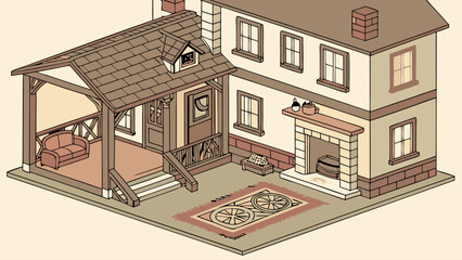 Naklejka premium Isometric Cozy House Illustration with Porch and Outdoor Area