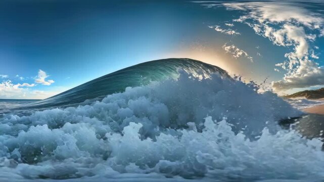 Beautiful ocean waves crashing on the shore during sunset. Blue waters highlighted by orange and yellow hues of the sky.